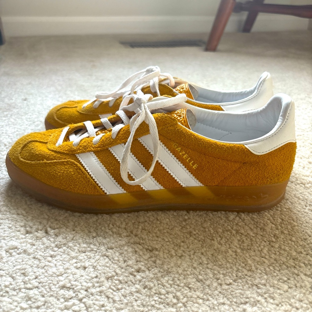 Adidas indoor Gazelle sneakers- mustard yellow/orange with gum bottom sole.